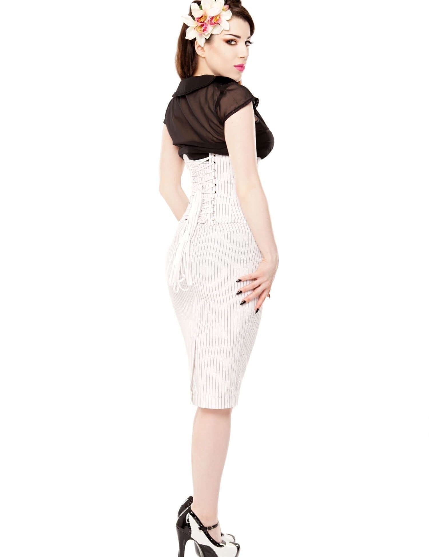 Playgirl Long White Pinstripe Pencil Skirt