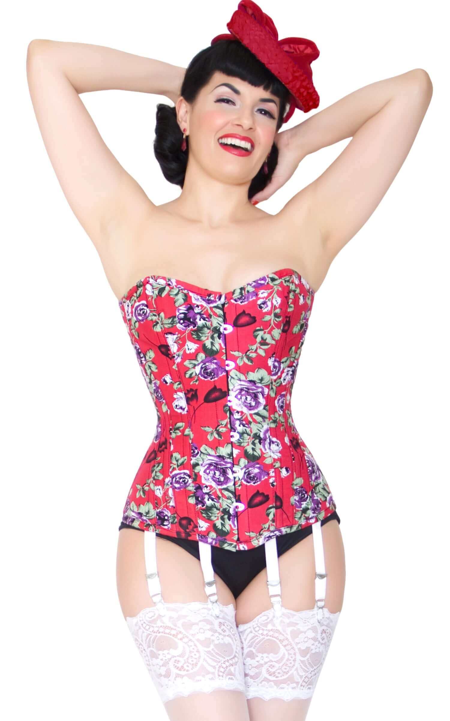 Playgirl Long Overbust Red Floral Steel Boned Corset