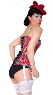 Playgirl Long Overbust Red Floral Steel Boned Corset