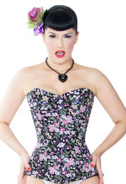 Playgirl Long Overbust Black Floral Steel Boned Corset