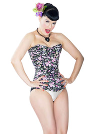 Playgirl Long Overbust Black Floral Steel Boned Corset